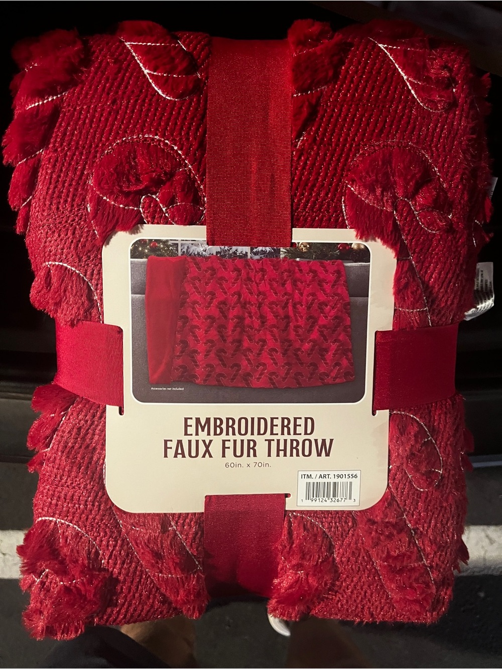 Costco Holiday Embroidered Faux Fur Blanket Red Candy Canes